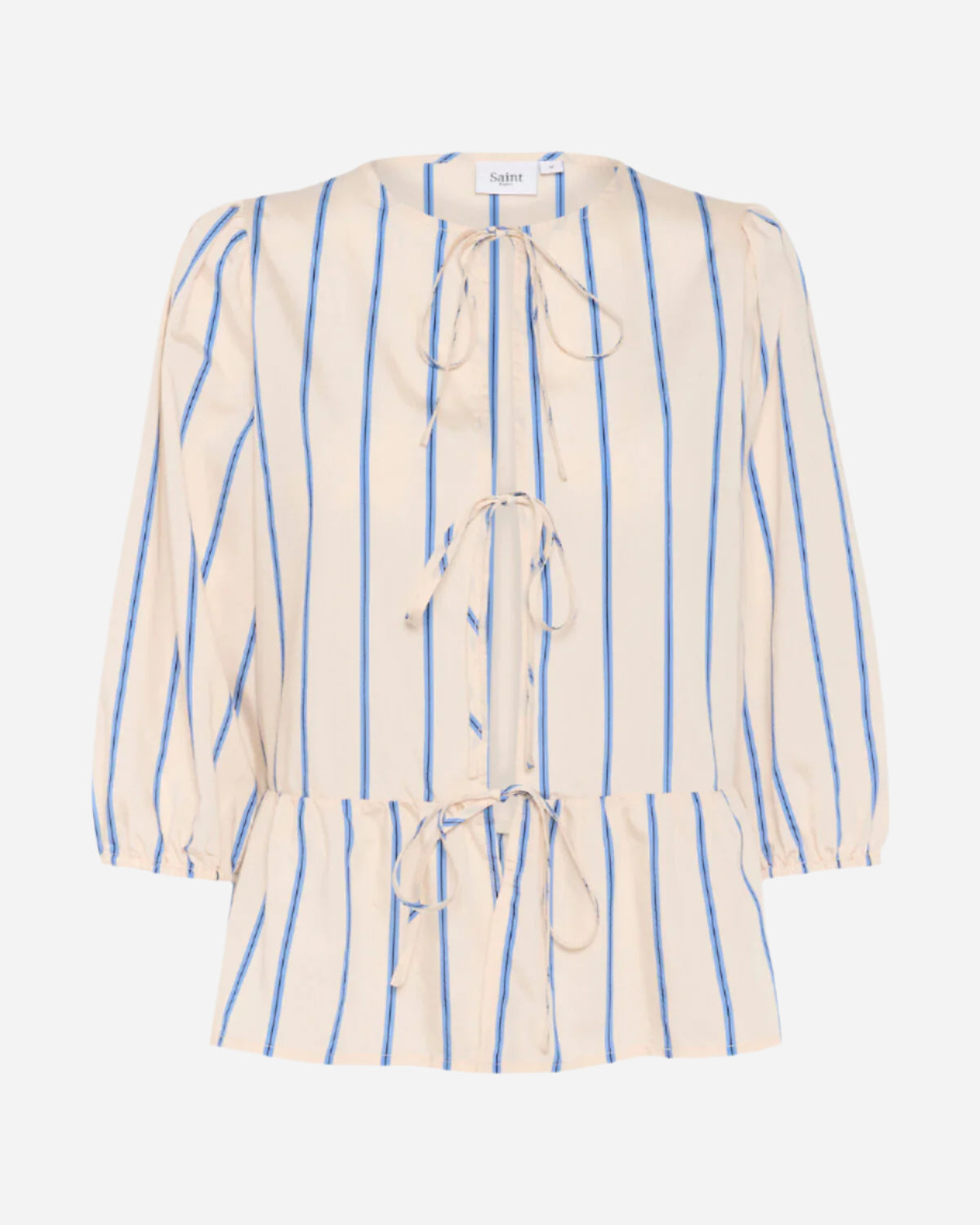 Beige and blue striped blouse with a tie front on a white background