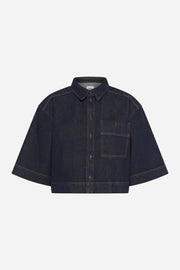 Dark denim shirt with a collar on a white background