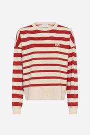 Red and white striped sweater with a small logo on a white background