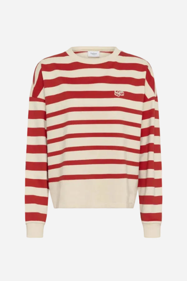 Red and white striped sweater with a small logo on a white background