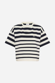 Navy and white striped t-shirt on a white background
