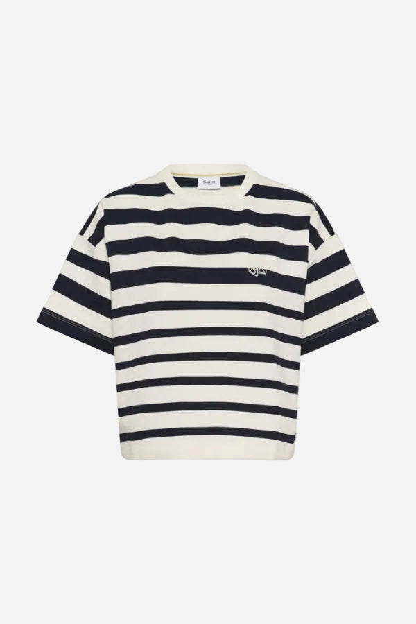 Navy and white striped t-shirt on a white background