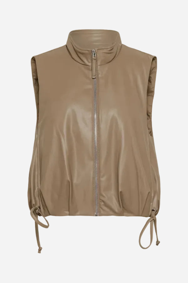 Beige leather vest with a zipper on a white background