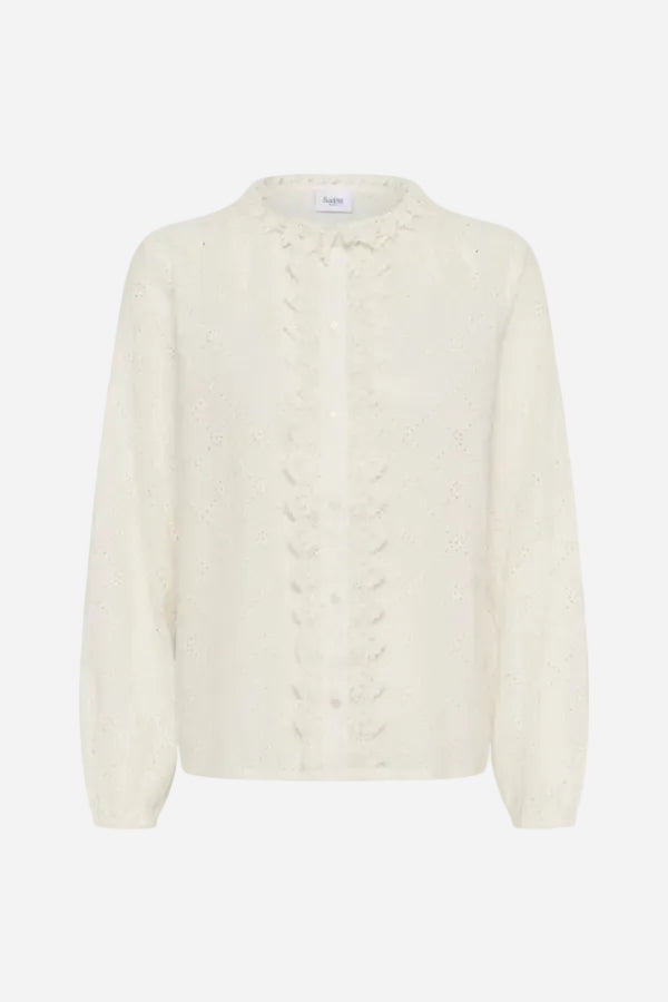 White shirt with frill detail on a white background