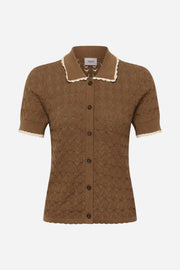 Brown short-sleeve shirt with lace trim on a white background