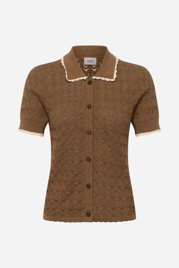 Brown short-sleeve shirt with lace trim on a white background