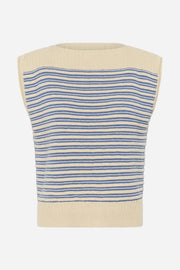 Beige and blue striped sleeveless sweater on a white background