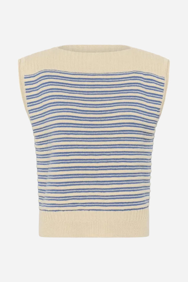 Beige and blue striped sleeveless sweater on a white background