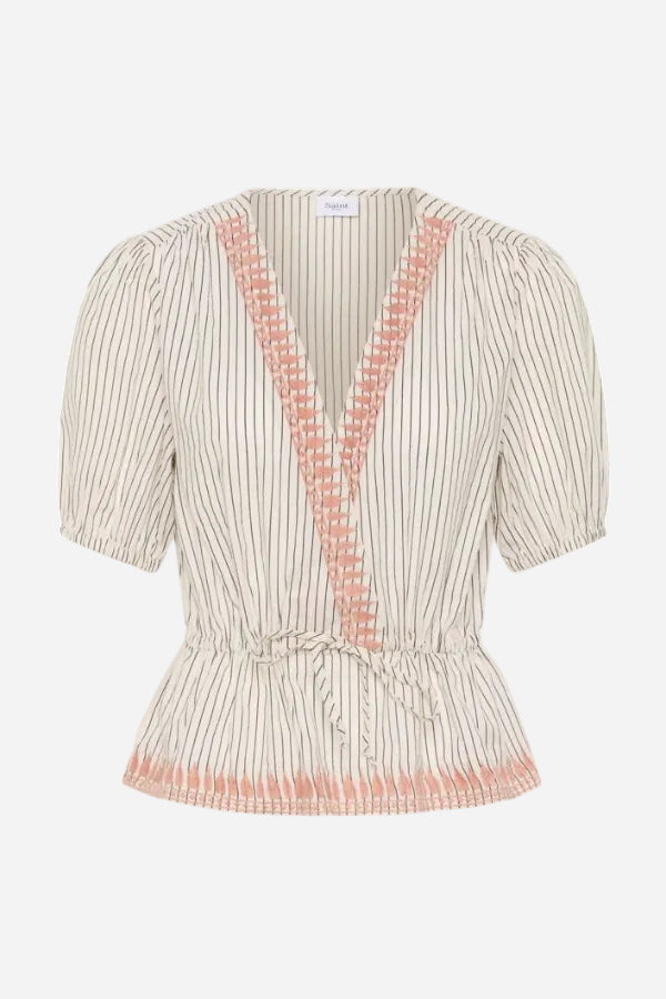 Striped blouse with pink accents on a white background