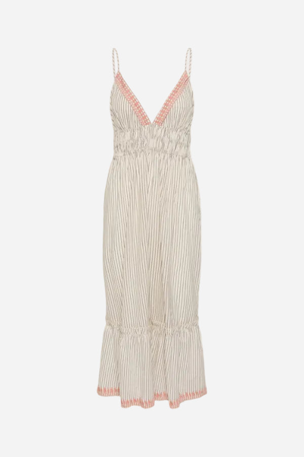 Beige pleated dress with coral trim on a white background