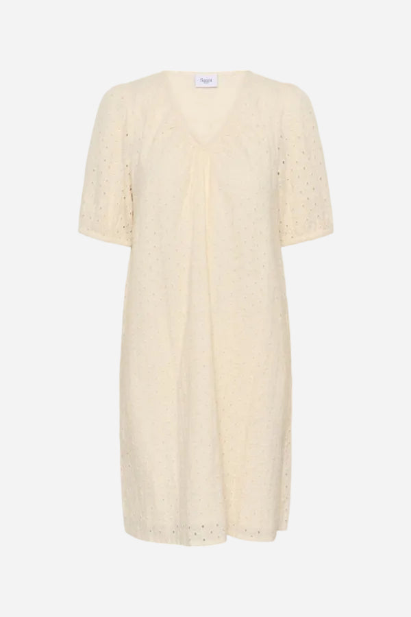 Beige BRODERIE ANGLAISE dress on a white background