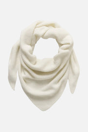 An off-white ribbed knit bandana scarf, styled in a loose knot to display its shape and texture, set against a plain white background.