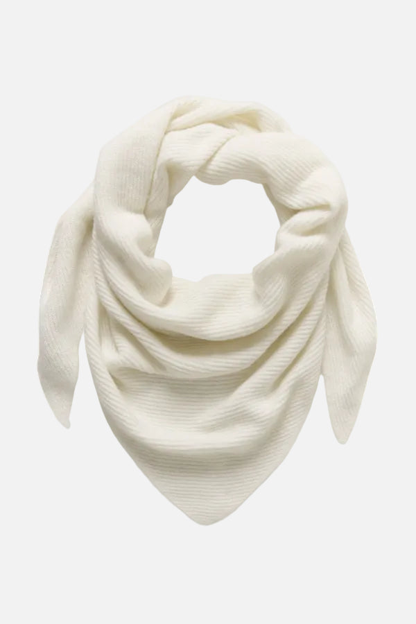 An off-white ribbed knit bandana scarf, styled in a loose knot to display its shape and texture, set against a plain white background.