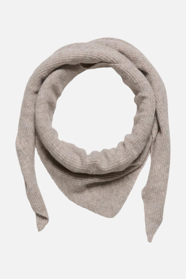 A light taupe knit scarf with a textured ribbed pattern, styled in a loose loop on a solid white background.