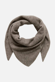 A ribbed knit triangular scarf in a taupe brown color, arranged in a loop on a plain white background.