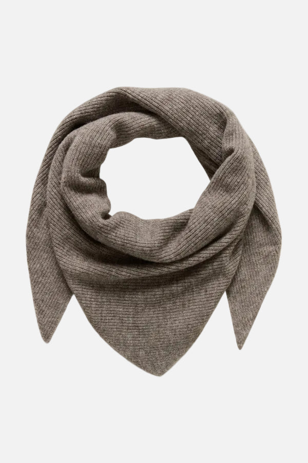 A ribbed knit triangular scarf in a taupe brown color, arranged in a loop on a plain white background.