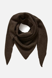 A dark brown knit scarf draped in a triangular shape against a plain white background.