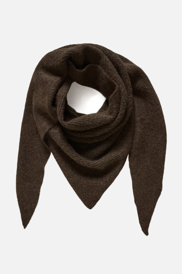 A dark brown knit scarf draped in a triangular shape against a plain white background.