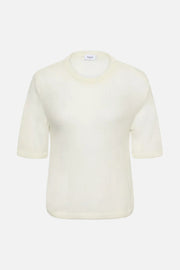 An off-white short-sleeve crewneck knit top with a visible 'Society6' brand label inside the collar, displayed on a clean white background.