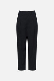Dark navy blue pinstriped trousers with a straight-leg fit, shown against a plain white background.