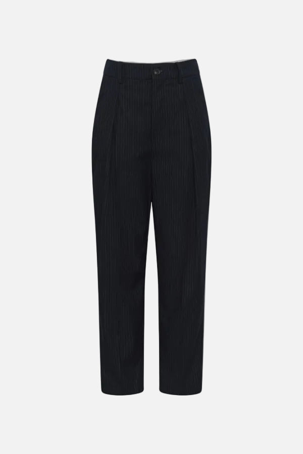 Dark navy blue pinstriped trousers with a straight-leg fit, shown against a plain white background.