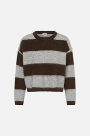 A cropped, long-sleeve knit sweater with horizontal stripes in dark brown and light heather gray, shown against a plain white background.