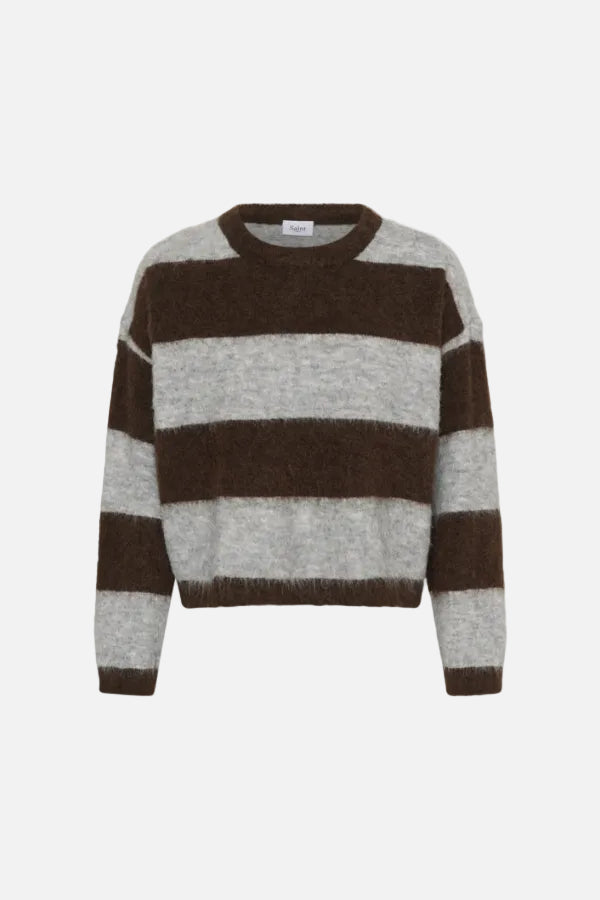 A cropped, long-sleeve knit sweater with horizontal stripes in dark brown and light heather gray, shown against a plain white background.