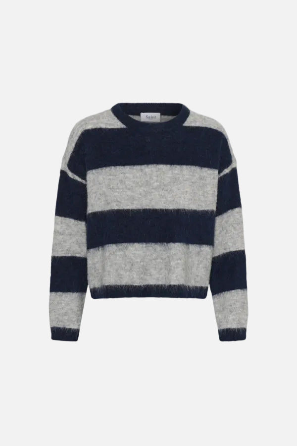 Navy and gray striped sweater on a white background