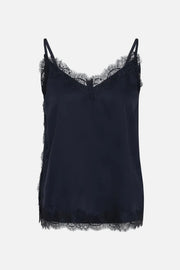 A dark blue satin camisole top with delicate lace trim along the V-neckline, armholes, and hem, displayed against a solid white background.