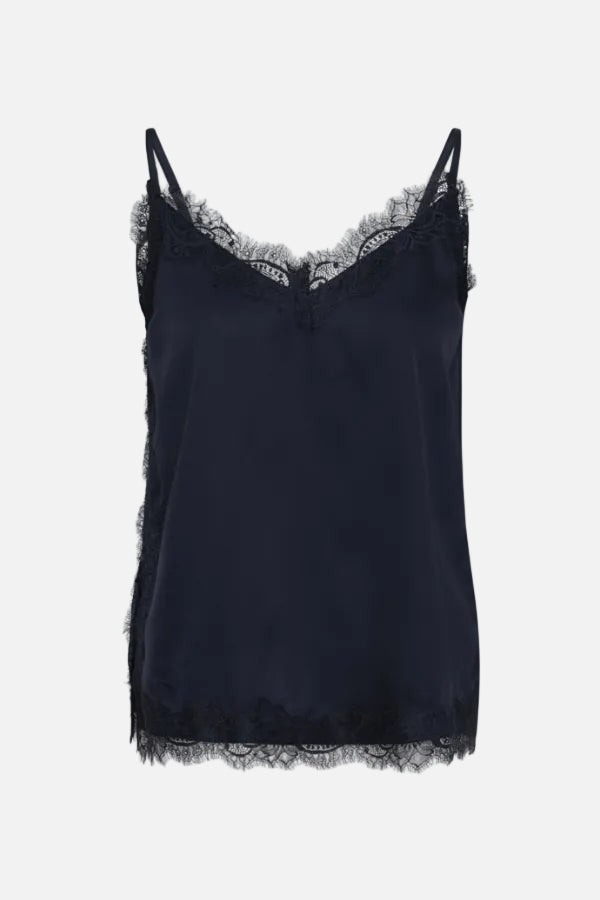A dark blue satin camisole top with delicate lace trim along the V-neckline, armholes, and hem, displayed against a solid white background.