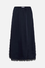Dark blue skirt with lace trim on a white background