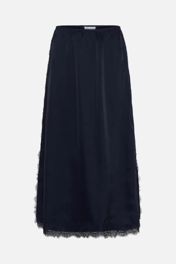 Dark blue skirt with lace trim on a white background