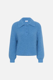 A light blue ribbed knit polo sweater with three buttons on the collar, displayed against a solid white background.