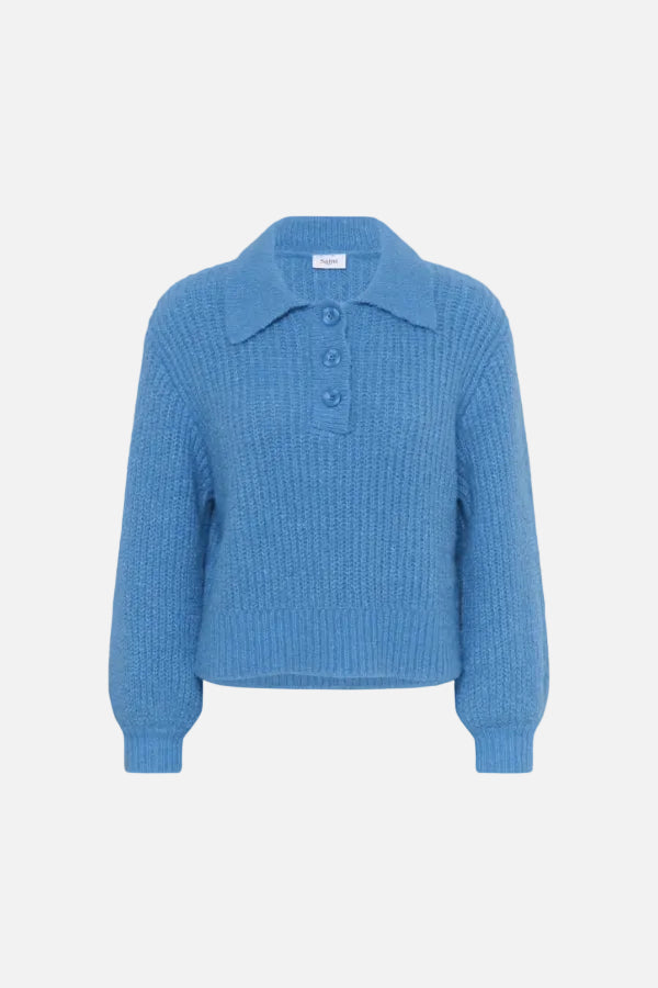 A light blue ribbed knit polo sweater with three buttons on the collar, displayed against a solid white background.
