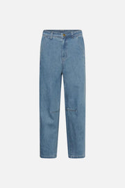 Light blue denim jeans with a straight-leg fit, featuring classic five-pocket styling and subtle knee patch details, shown against a plain white background.