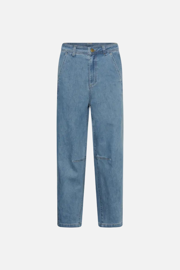Light blue denim jeans with a straight-leg fit, featuring classic five-pocket styling and subtle knee patch details, shown against a plain white background.