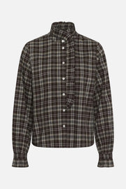 A long-sleeve button-up shirt with a high stand-up collar and a brown, black, and beige plaid pattern, shown against a plain white background.