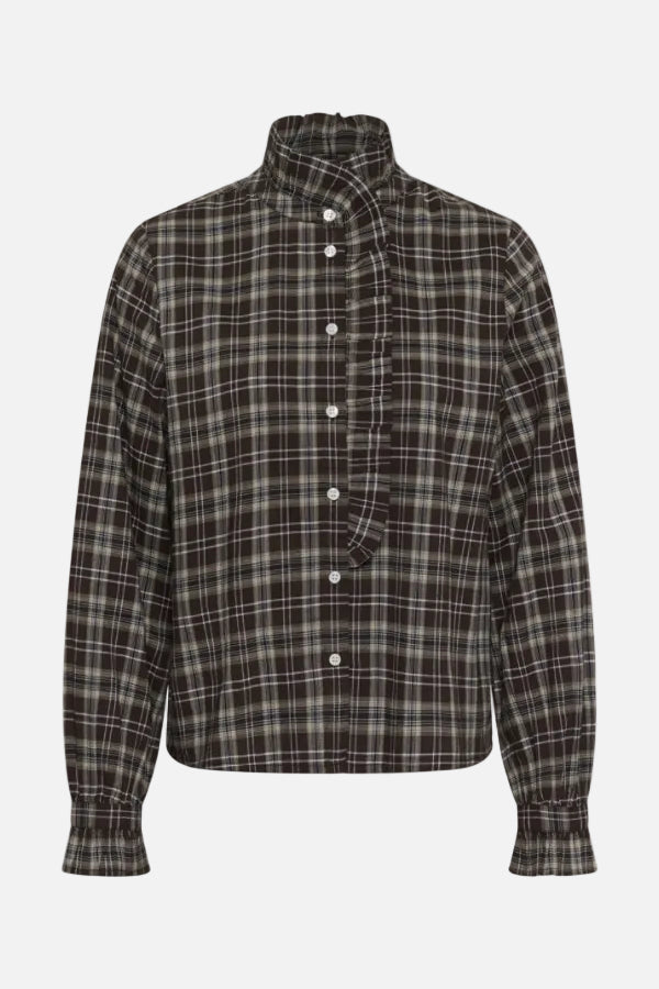 A long-sleeve button-up shirt with a high stand-up collar and a brown, black, and beige plaid pattern, shown against a plain white background.