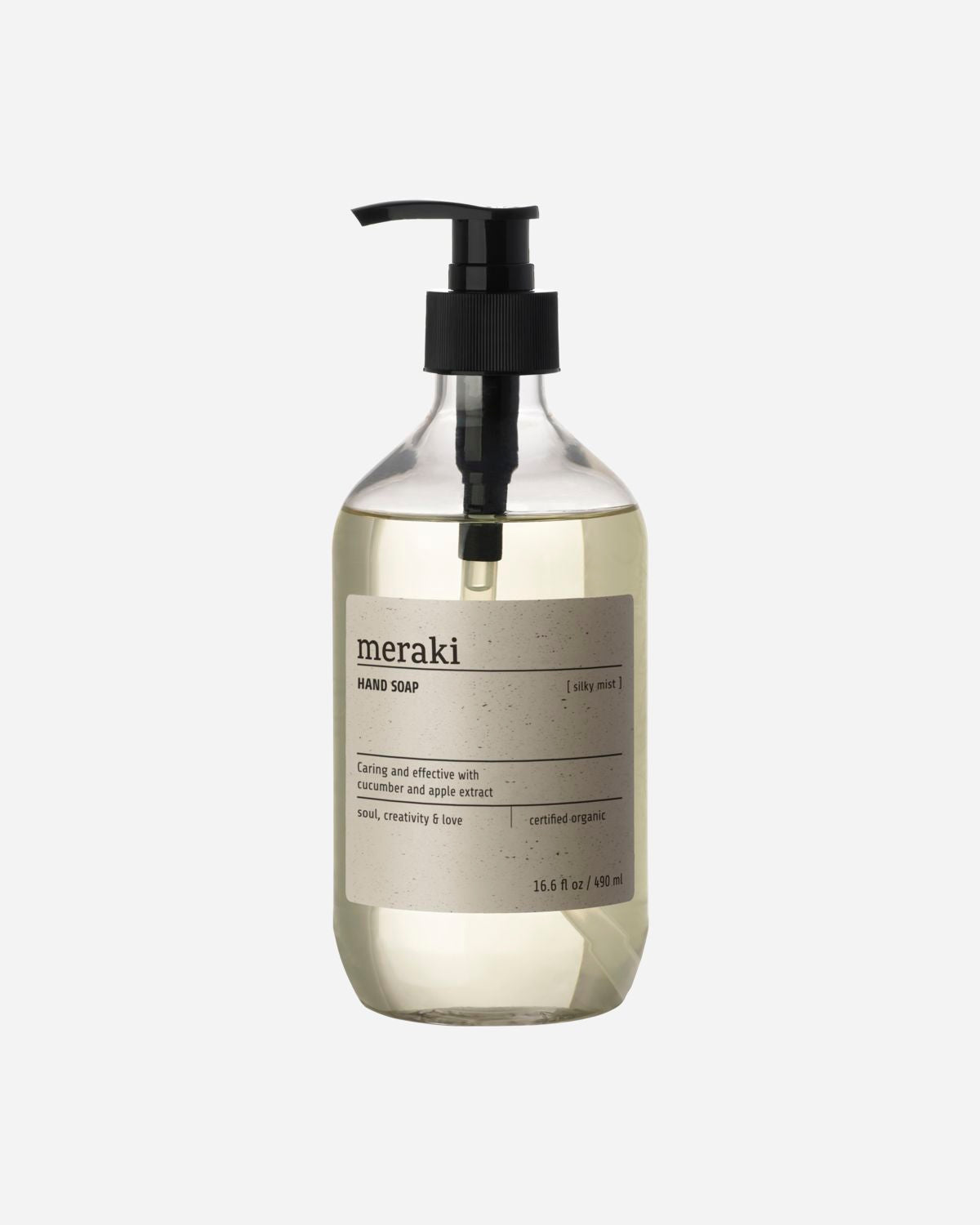 A clear pump bottle of Silky Mist hand soap with a label displaying the brand name 'Meraki'.