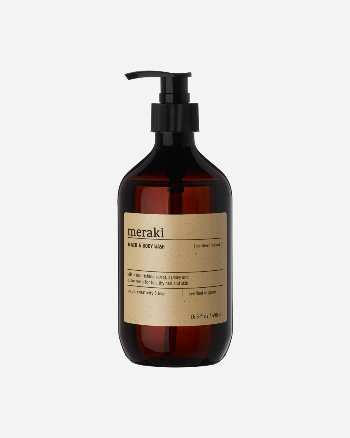 A clear plastic bottle with a pump dispenser, labeled 'meraki NORTHERN DAWN BODYWASH',