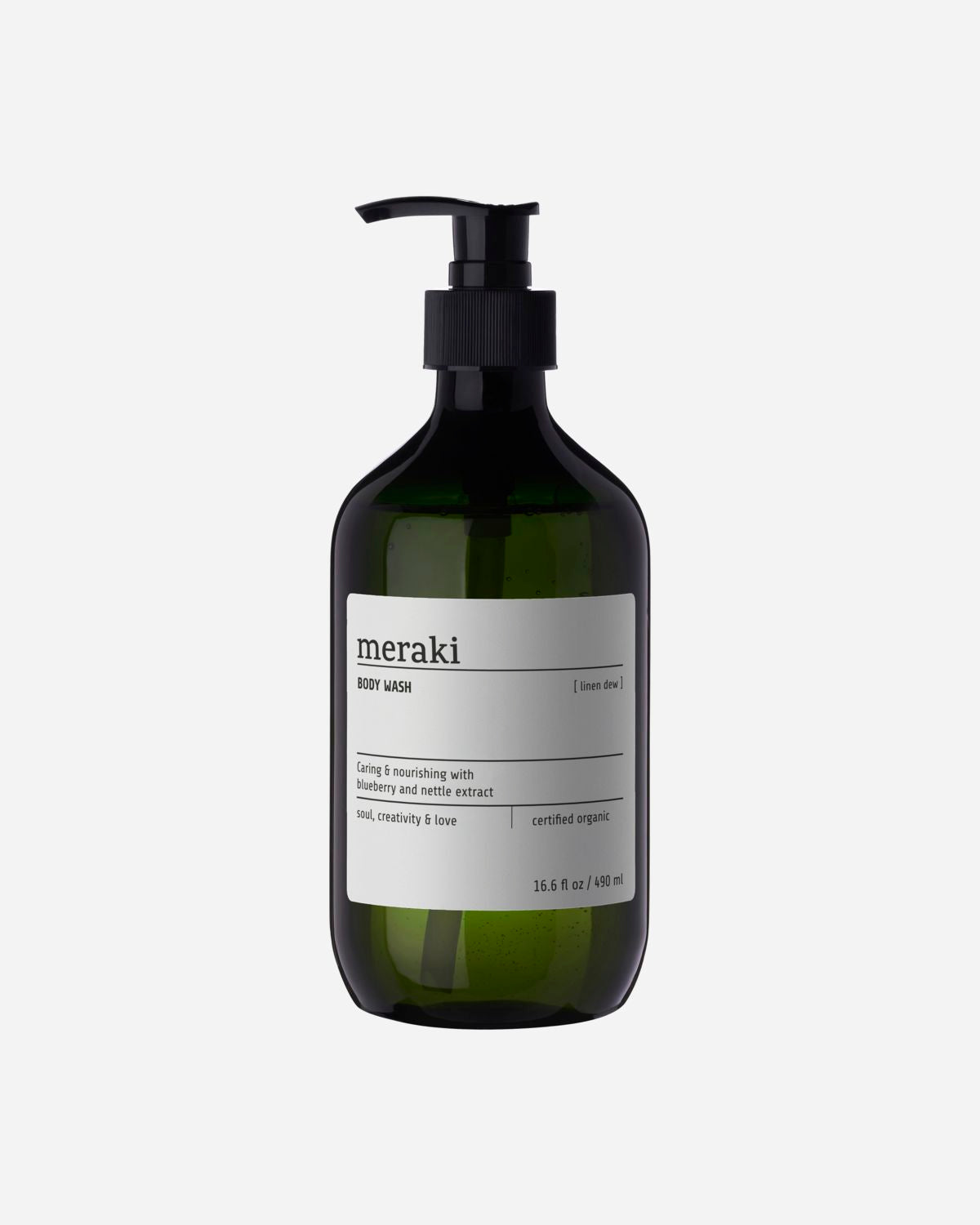 A pump bottle of Meraki Linen Dew body wash with a white label.