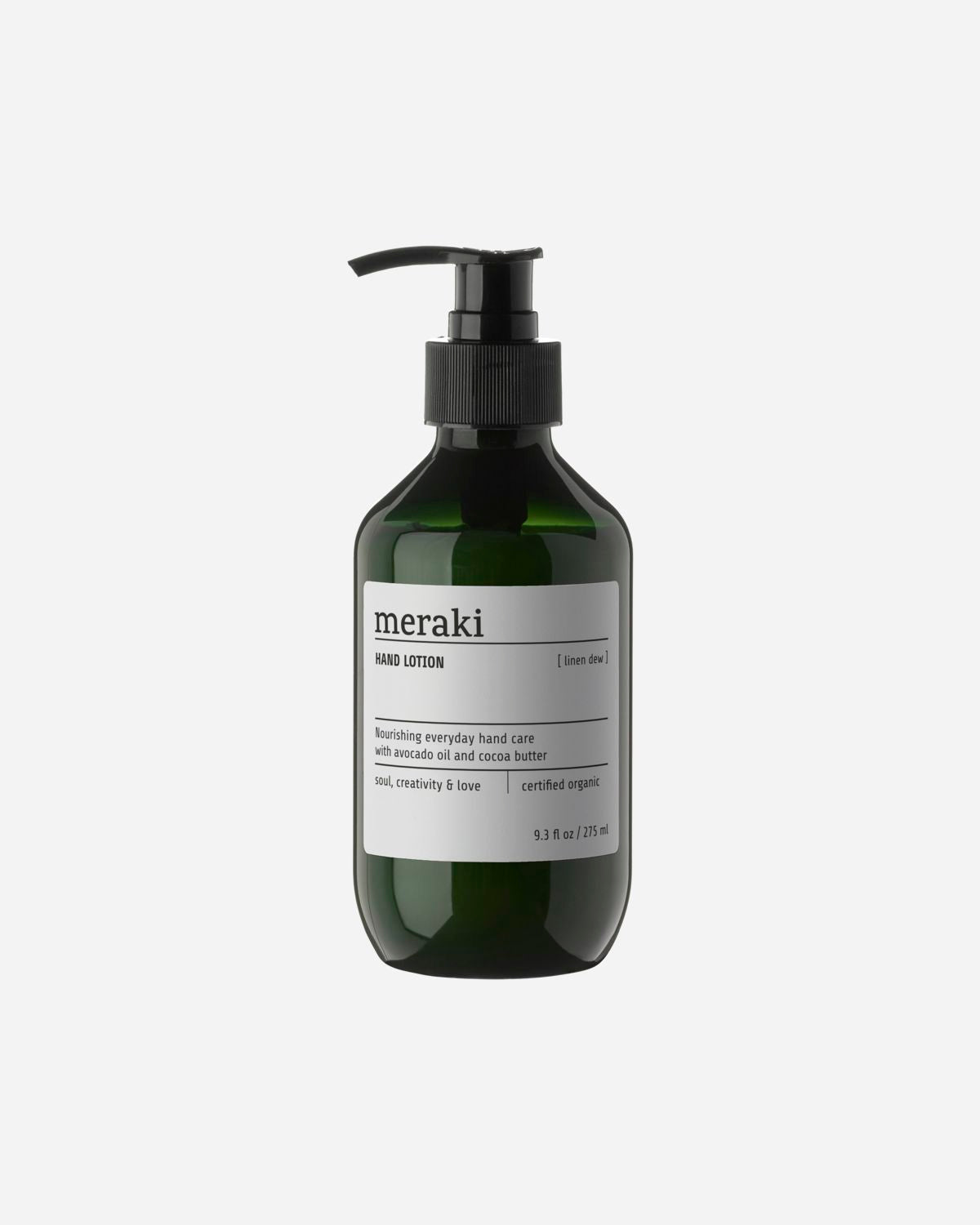A pump bottle of Meraki Linen Dew hand lotion with a white label displaying the product name and organic certification.