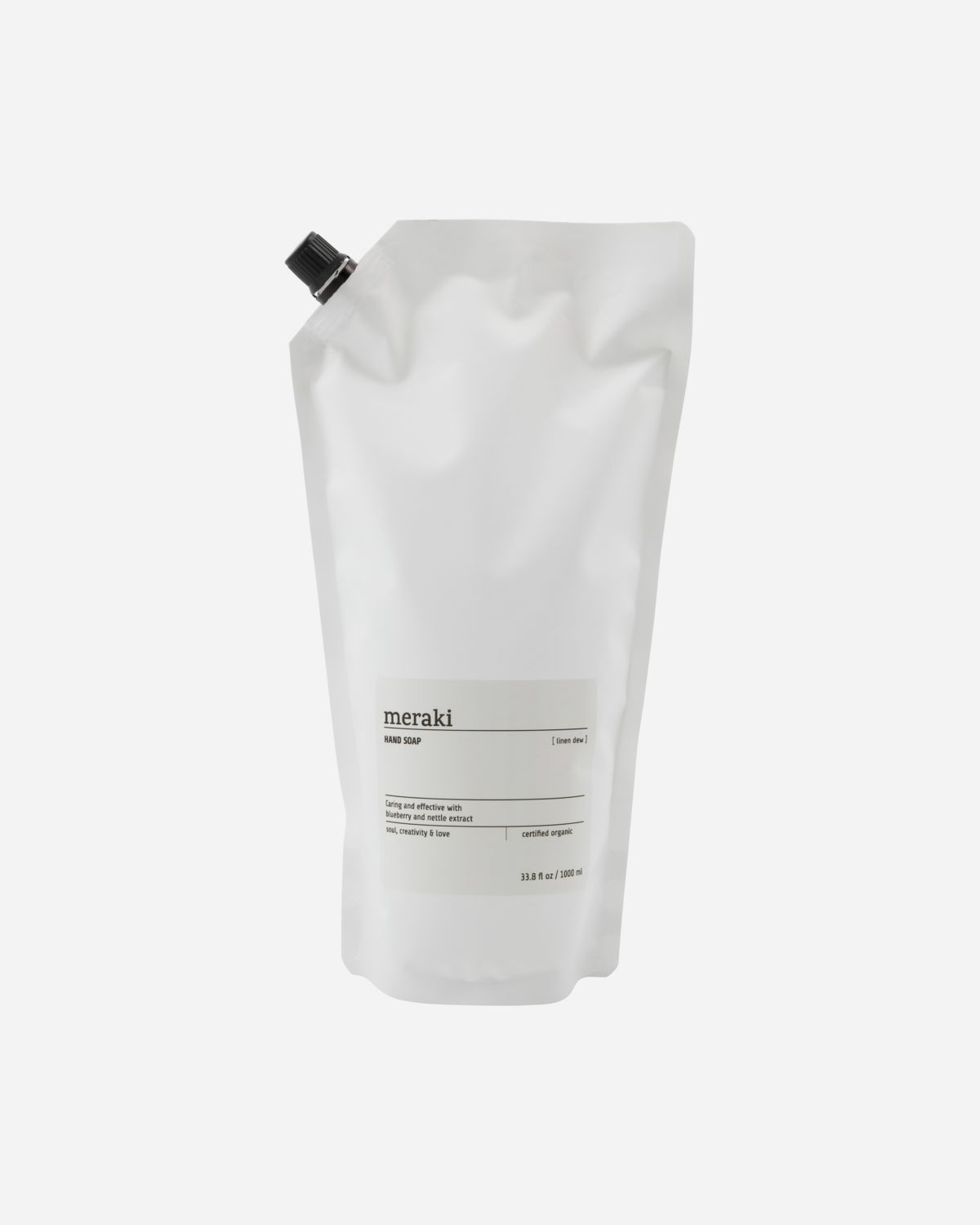 A 1L refill bag of Meraki Linen Dew hand soap with a white label.