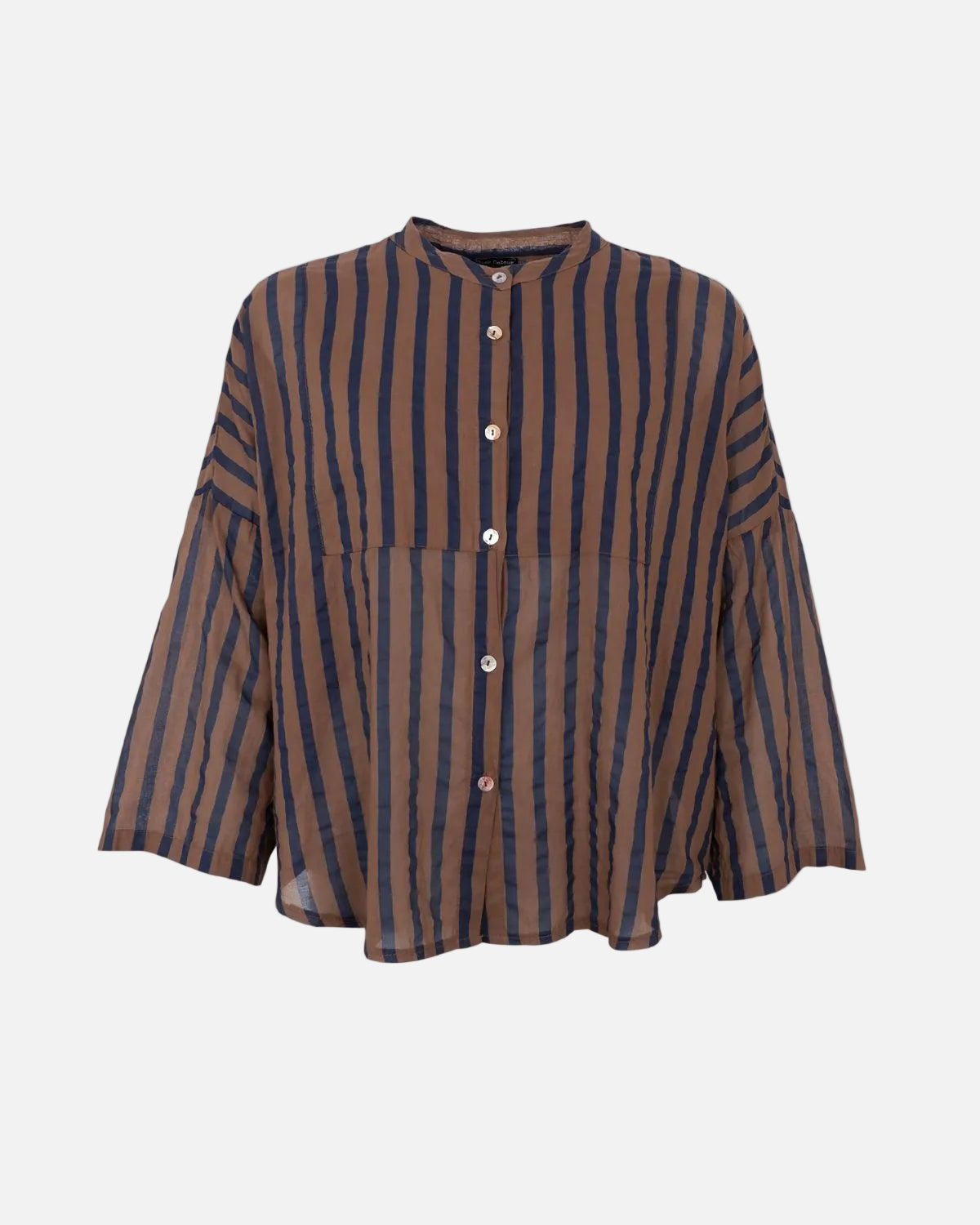 A long-sleeve button-up blouse with vertical brown and navy blue stripes, featuring a high collar and decorative buttons down the front.