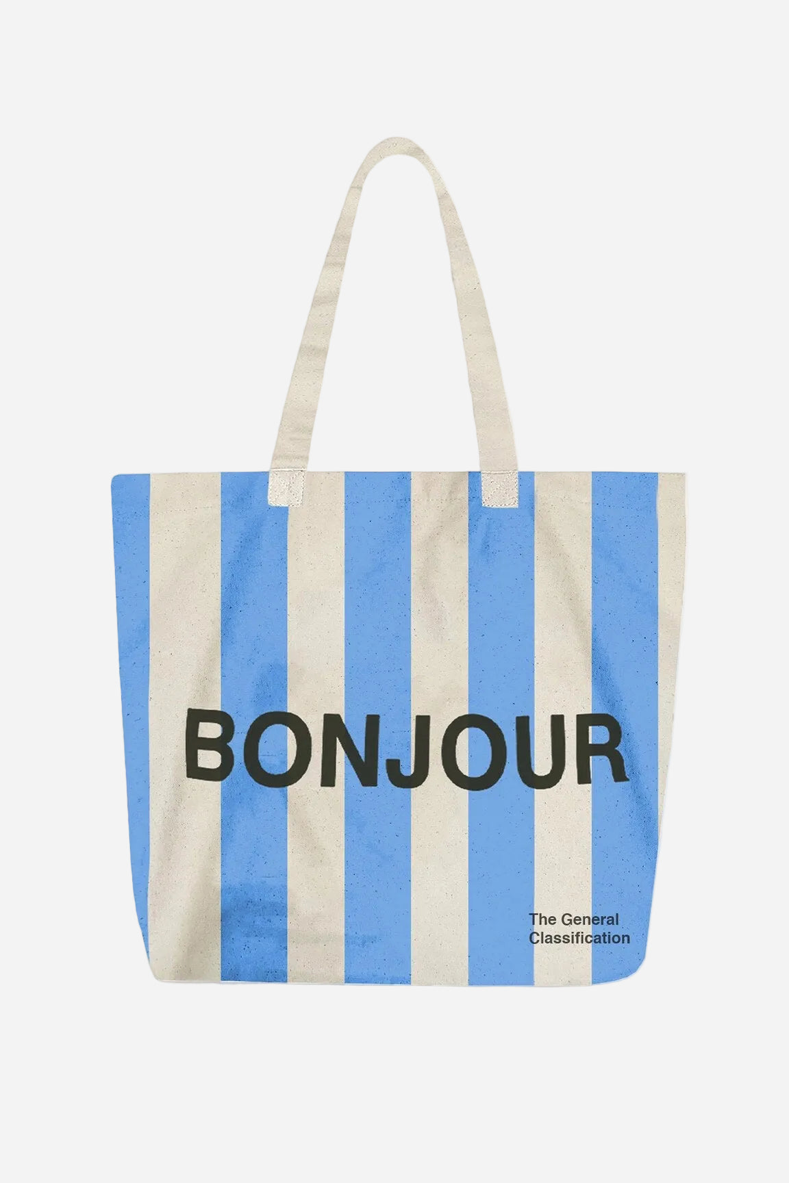 Tote bag with blue and beige stripes and 'Bonjour' text on a white background