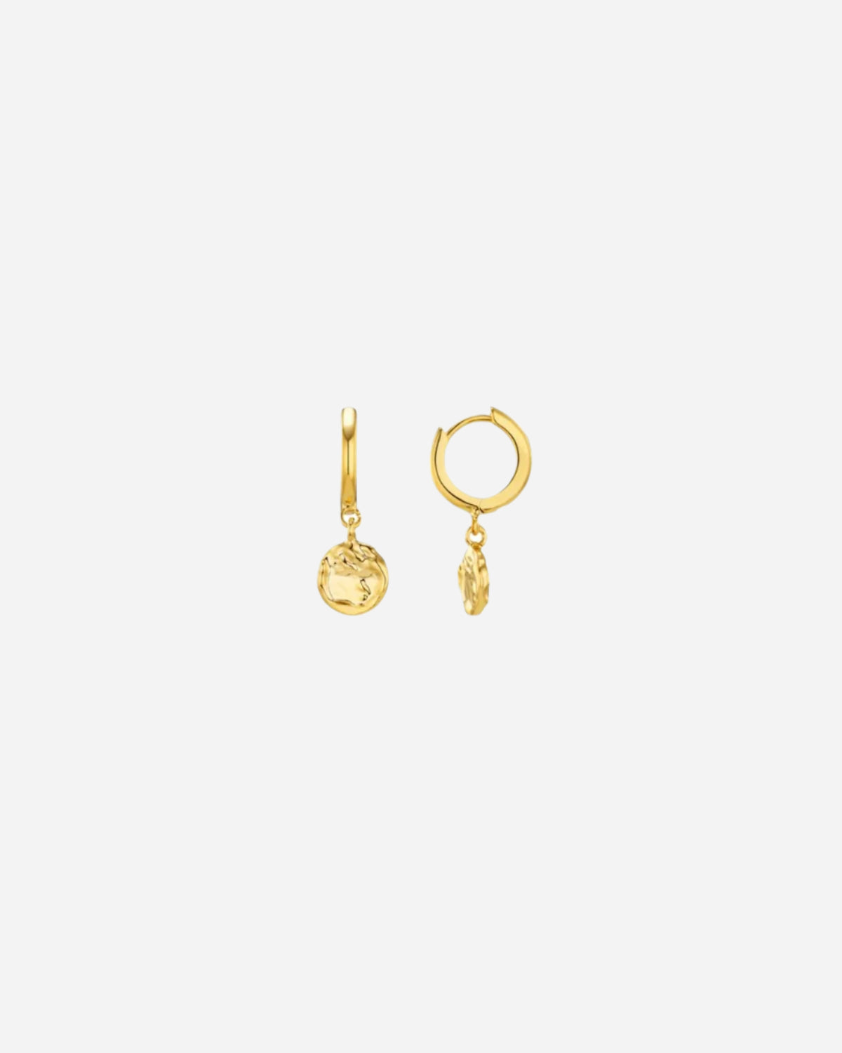 Gold hoop earrings with spherical charms on a white background