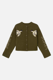 An olive green knit cardigan sweater featuring embroidered birds on the chest and white lace-like patterns on the sleeves, displayed flat against a light cream background.