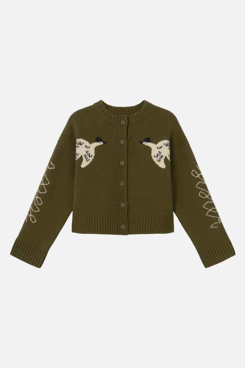 An olive green knit cardigan sweater featuring embroidered birds on the chest and white lace-like patterns on the sleeves, displayed flat against a light cream background.