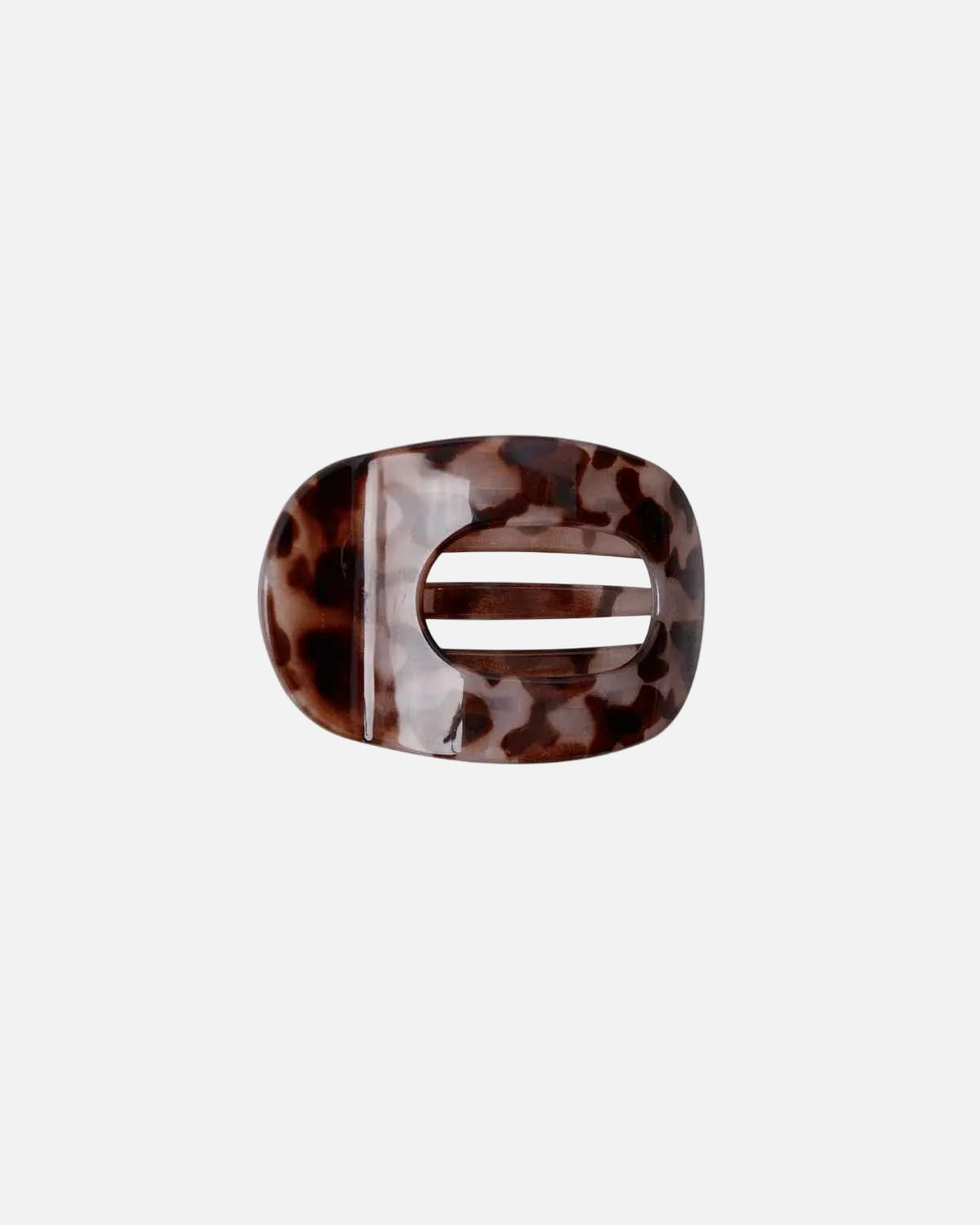 A single hair claw clip in a glossy tortoiseshell pattern, featuring shades of dark brown, amber, and cream, set against a solid white background.