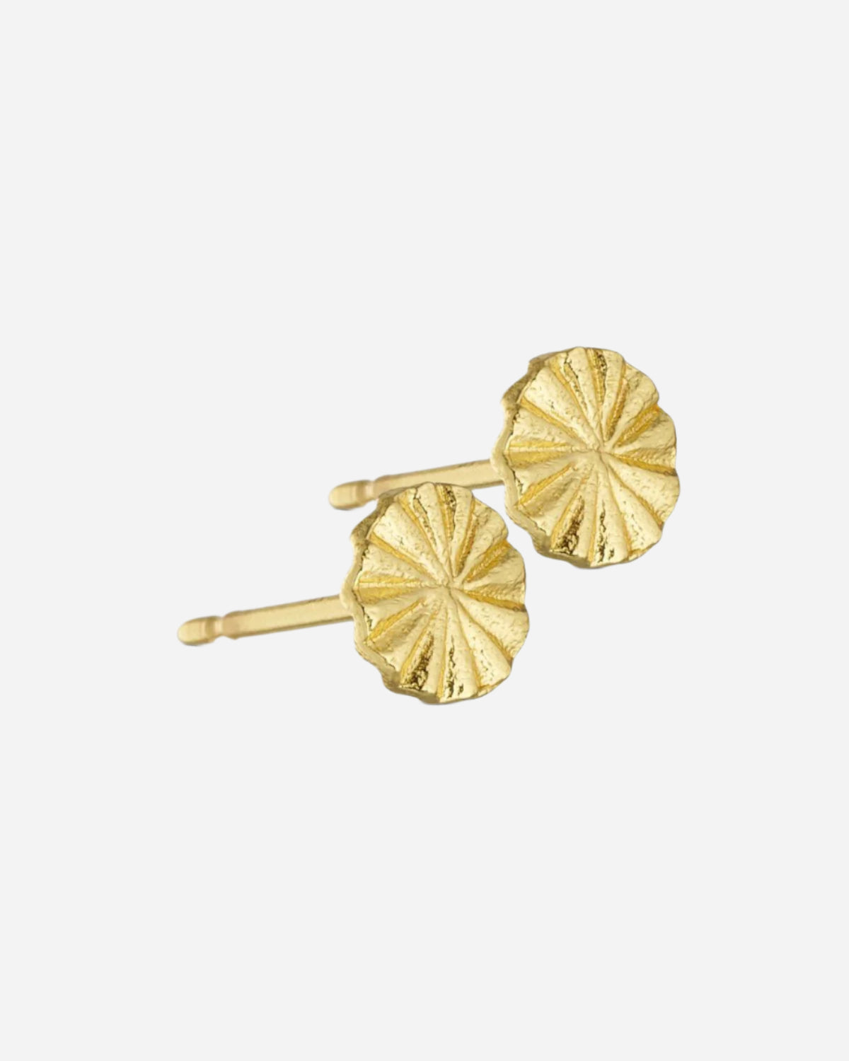 Pair of gold disc earrings on a white background
